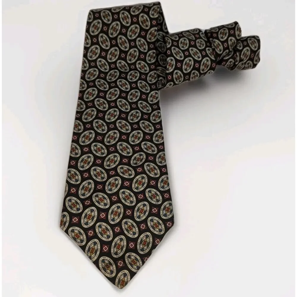 Vintage Damon Men’s Silk Tie Retro Medallion Print USA Black Cream Red Blue